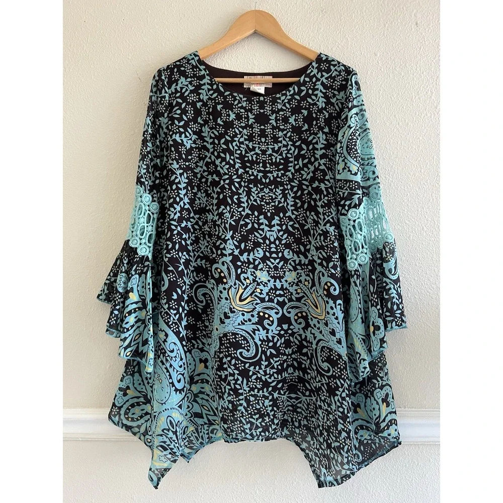 Lady Noiz Floral Bell Sleeve Top Size L Boho Fairy Asymmetric Festival Mermaid